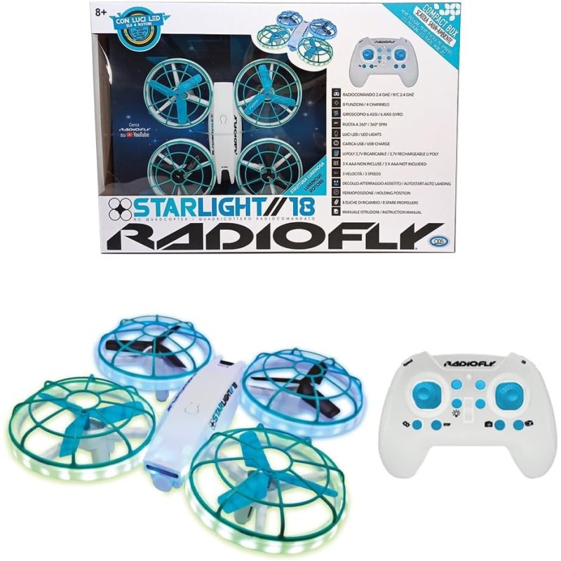 Radiofly - Starlight  18 RC 2.4 GHz, misura 17 x 17 x 4.8 cm 8 funzioni, fermoposizione, decollo/atterraggio assistiti 3 veloci