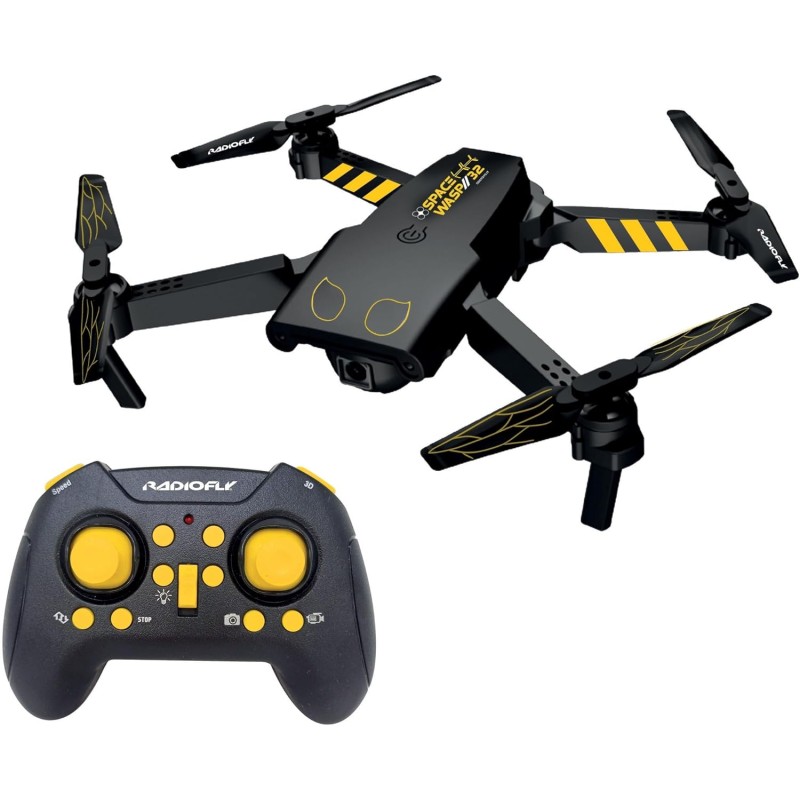 Radiofly - Space Wasp 32 - Drone RC 2.4GHz richiudibile - Camera 480p - Wi-Fi - App - 8 funzioni - 3 velocità - Flip 360° - Fer