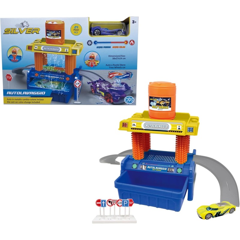 Silver Wheel - Auto lavaggio con auto cambia colore auto in metallo a ruote libere Attivazione tramite pompetta, vaschetta di s