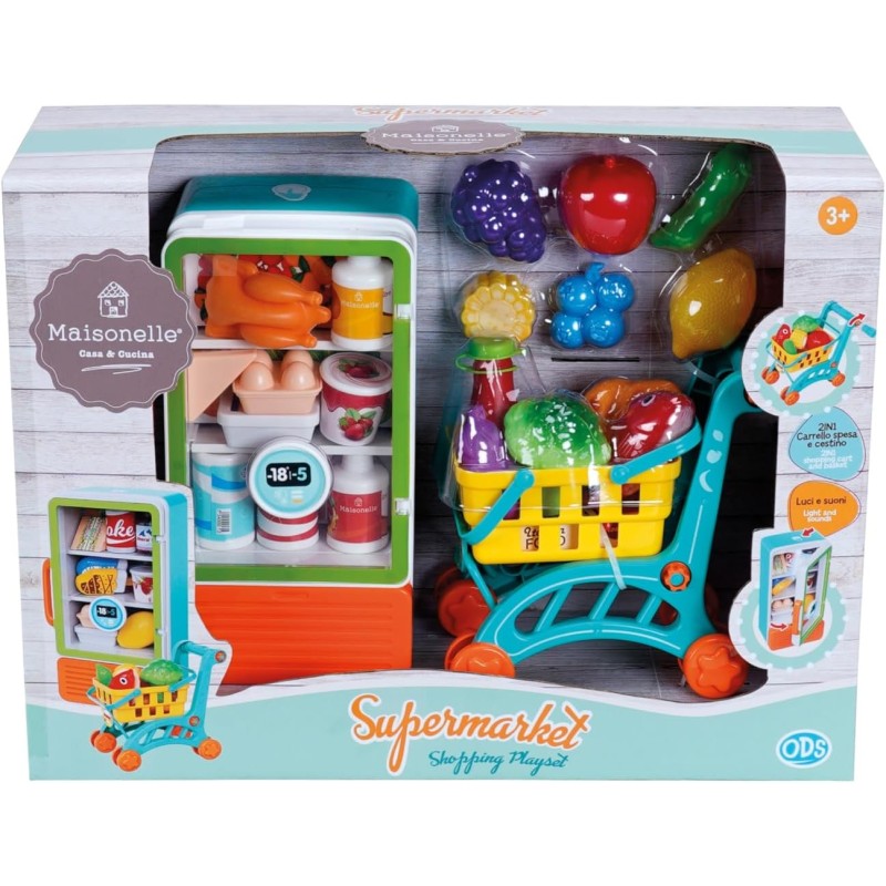 Maisonelle - Shopping playset composto da frigo con funzioni, misura 12x9.5x24 cm, carrello della spesa 2 in 1 con cestino estr