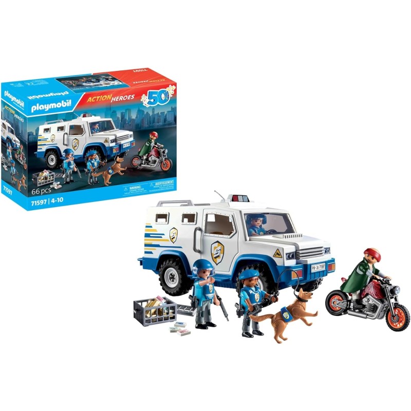 PLAYMOBIL Action Heroes 71597 Furgone Portavalori, inseguimento mozzafiato, tra cui tre poliziotti, un ladro in moto e un cane 