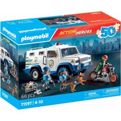 PLAYMOBIL Action Heroes 71597 Furgone Portavalori, inseguimento mozzafiato, tra cui tre poliziotti, un ladro in moto e un cane 