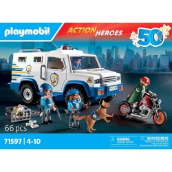 PLAYMOBIL Action Heroes 71597 Furgone Portavalori, inseguimento mozzafiato, tra cui tre poliziotti, un ladro in moto e un cane 