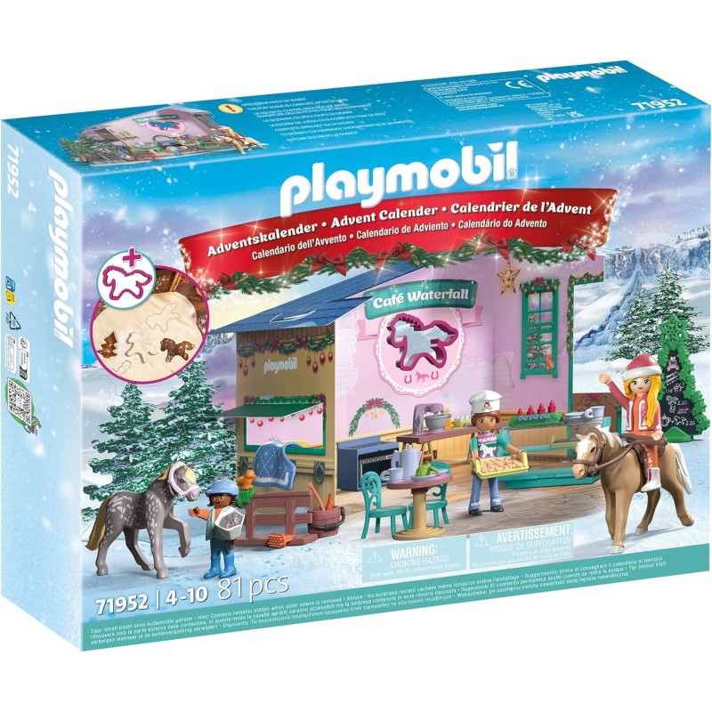 PLAYMOBIL Christmas 71952 Baking at the Riding Café Set da gioco con statuine, Calendario dell’Avvento Cavalli della cascata