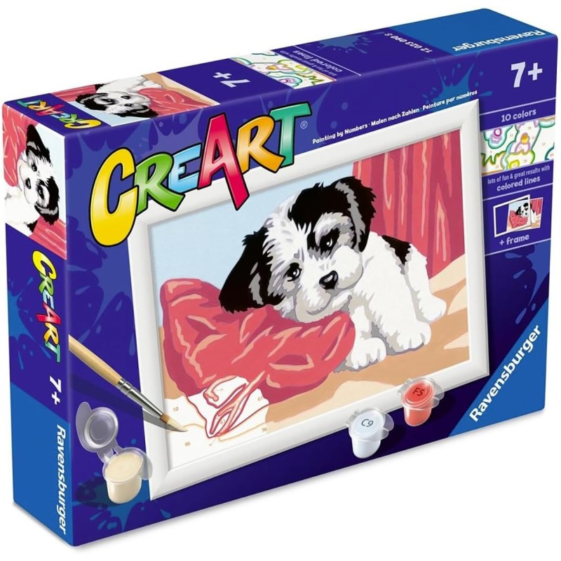 Ravensburger - CreArt Serie E: Cucciolo Affettuoso, Dipingere con i Numeri, Kit Pittura Bambini, Cornice Inclusa, Gioco Educati