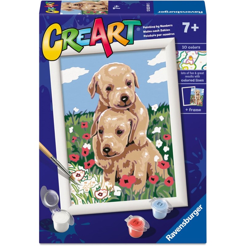 Ravensburger - CreArt Serie E: Golden Retriever Coccolosi, Dipingere con i Numeri, Kit Pittura Bambini, Cornice Inclusa, Gioco 