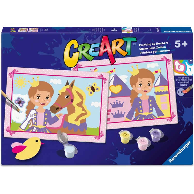 Ravensburger - CreArt Serie Junior: Principessa Avventurosa, Dipingere con i Numeri, Kit Pittura Bambini, Gioco Educativo, 2 Ta