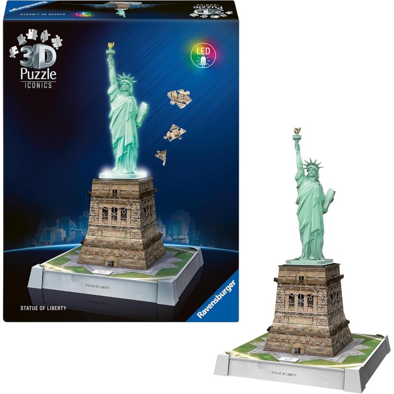 Ravensburger - Puzzle 3d Iconics Statua Della Libertà LED | Puzzle 3d Per Adulti E Bambini A Partire Dagli 8 Anni | Modellismo 