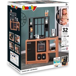 Smoby Cucina Loft 7600312600, +3 Anni, Stile Industriale, Altezza Piano 50 cm, 32 Accessori, Raccolta Differenziata, Made in Fr
