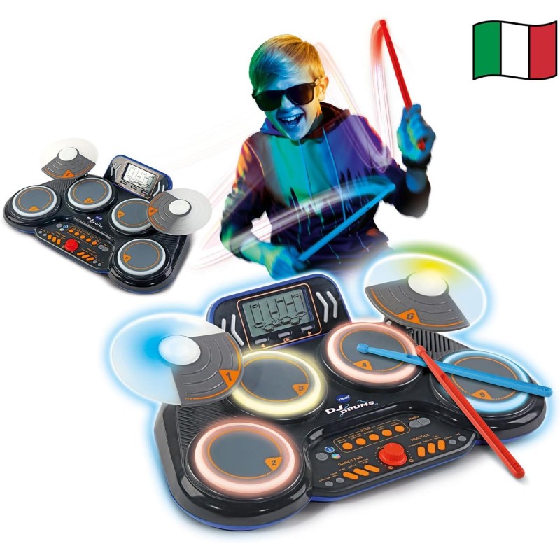 VTech Kidi DJ Drums, Batteria Elettronica per Bambini con Pad Luminosi, Giochi Musicali, Modalità Bluetooth e Microfono Integra