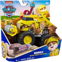 Paw Patrol: Rescue Wheels, Bulldozer di Rubble, Veicolo Giocattolo con Trasformazione e Personaggio Collezionabile, Giocattoli 