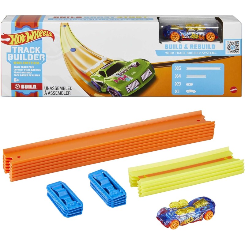 Hot Wheels -Track Builder Unlimited Set per Pista con 10 Pezzi, 9 Connettori e Macchinina, Giocattolo per Bambini 6+ Anni, GVG1
