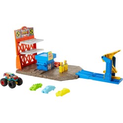 Hot Wheels-Monster Trucks Playset Distruzione Suprema e 3 Macchinine con Lanciatore, Giocattolo per Bambini 4+ Anni, HFB12
