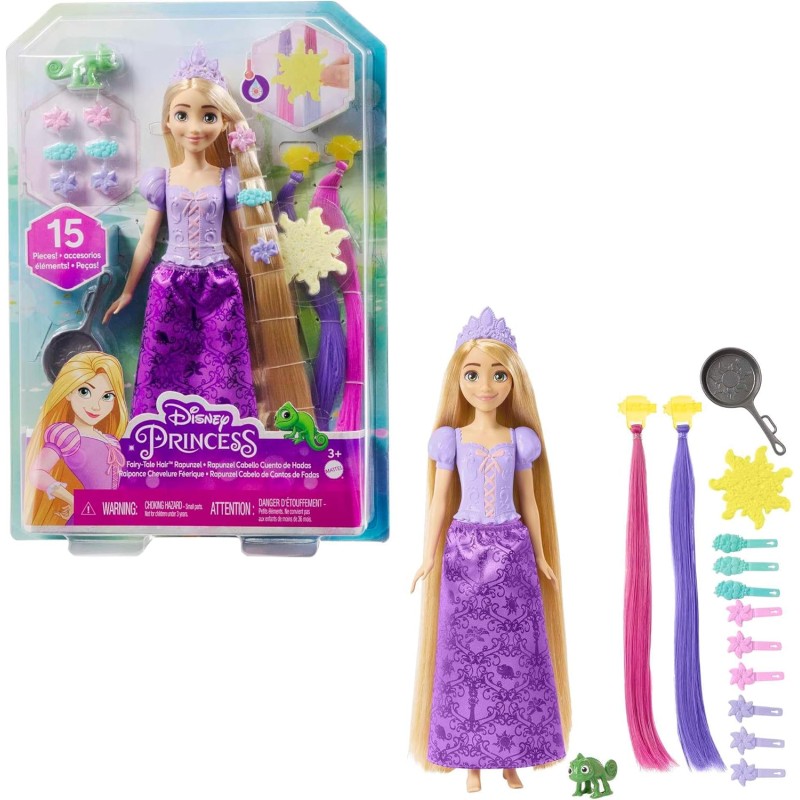 Mattel Disney Princess - Rapunzel Chioma Magica, bambola con extension capelli cambia-colore e accessori per lo styling, Giocat