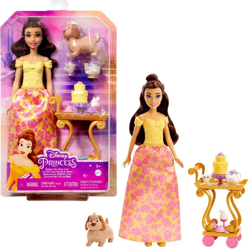 Disney Princess - Set da te di Belle,playset e bambola Belle con vestiti scintillanti, con amici e vivande, Giocattolo per Bamb