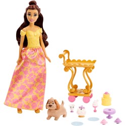 Disney Princess - Set da te di Belle,playset e bambola Belle con vestiti scintillanti, con amici e vivande, Giocattolo per Bamb