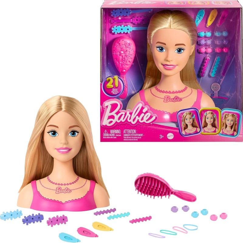 Barbie Testa per acconciare le bambole, capelli biondi con 20 accessori colorati, testa di bambola per acconciature, HMD88