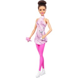 Barbie Carriere - Pattinatrice, bambola castana con outfit rosa da pattinaggio, pattini da ghiaccio rimovibili, trofeo e access