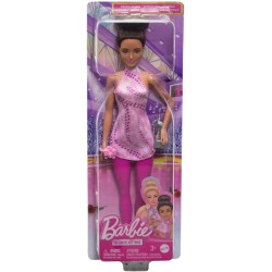 Barbie Carriere - Pattinatrice, bambola castana con outfit rosa da pattinaggio, pattini da ghiaccio rimovibili, trofeo e access