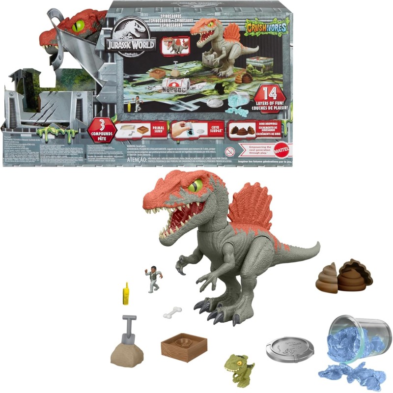 Mattel Jurassic World Crushivores - Spinosauro Cage Crasher, dinosauro con accessori a sorpresa da scoprire, sabbia, gel e past