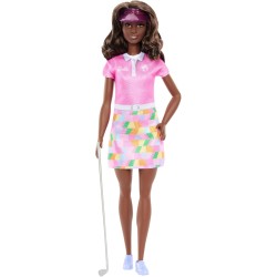 Barbie Carriere - Golfista, bambola bruna con divisa da golf e polo rosa rimovibile, mazza da golf e visiera incluse, giocattol