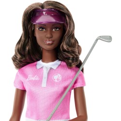 Barbie Carriere - Golfista, bambola bruna con divisa da golf e polo rosa rimovibile, mazza da golf e visiera incluse, giocattol