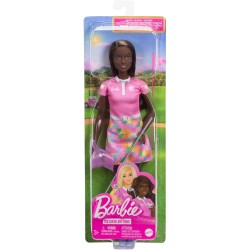 Barbie Carriere - Golfista, bambola bruna con divisa da golf e polo rosa rimovibile, mazza da golf e visiera incluse, giocattol