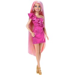Barbie - Fun & Fancy Hair, bambola con lunghissimi capelli biondi colorati e abito rosa lucido, 10 accessori per il look e lo s