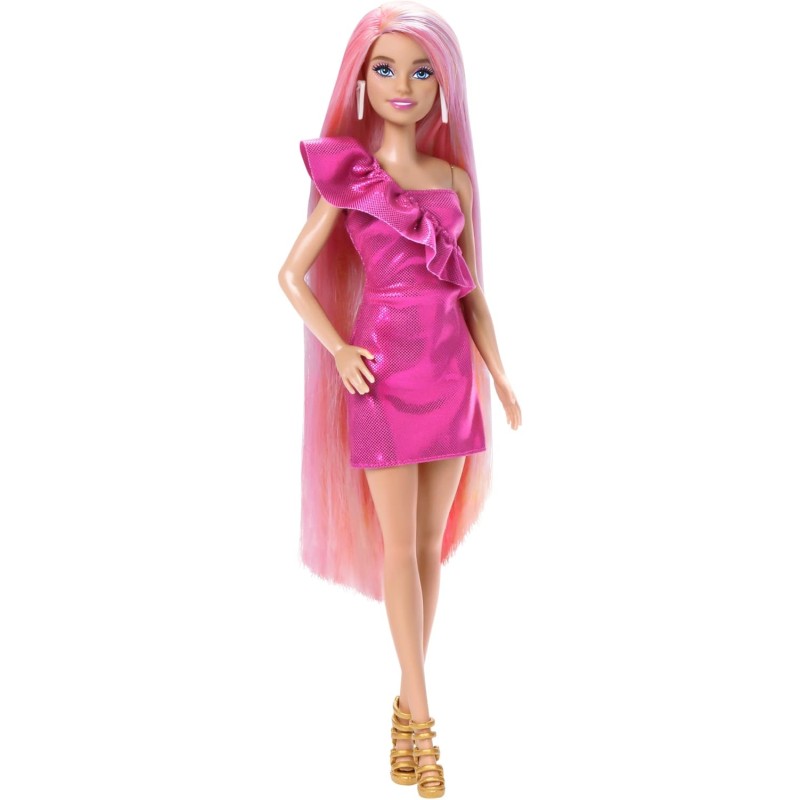 Barbie - Fun & Fancy Hair, bambola con lunghissimi capelli biondi colorati e abito rosa lucido, 10 accessori per il look e lo s