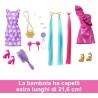 Barbie - Fun & Fancy Hair, bambola con lunghissimi capelli biondi colorati e abito rosa lucido, 10 accessori per il look e lo s