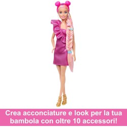Barbie - Fun & Fancy Hair, bambola con lunghissimi capelli biondi colorati e abito rosa lucido, 10 accessori per il look e lo s