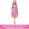 Barbie - Fun & Fancy Hair, bambola con lunghissimi capelli biondi colorati e abito rosa lucido, 10 accessori per il look e lo s