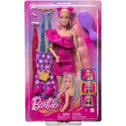 Barbie - Fun & Fancy Hair, bambola con lunghissimi capelli biondi colorati e abito rosa lucido, 10 accessori per il look e lo s
