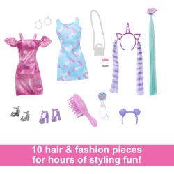 Barbie - Fun & Fancy Hair, bambola con lunghissimi capelli neri colorati e abito rosa luccicante, 10 accessori per il look e lo