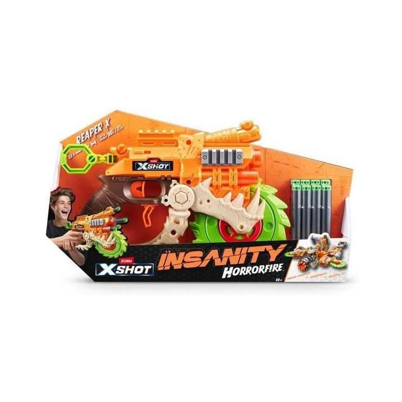 Zuru - X-Shot Horror Fire Insanity HorrorFire Reaper X - Spinning Saw Blade Action, Dart Blaster a lungo raggio, capacità 8 fre