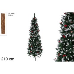 Albero Slim 210 cm 700 punte innevato con pigne e bacche
