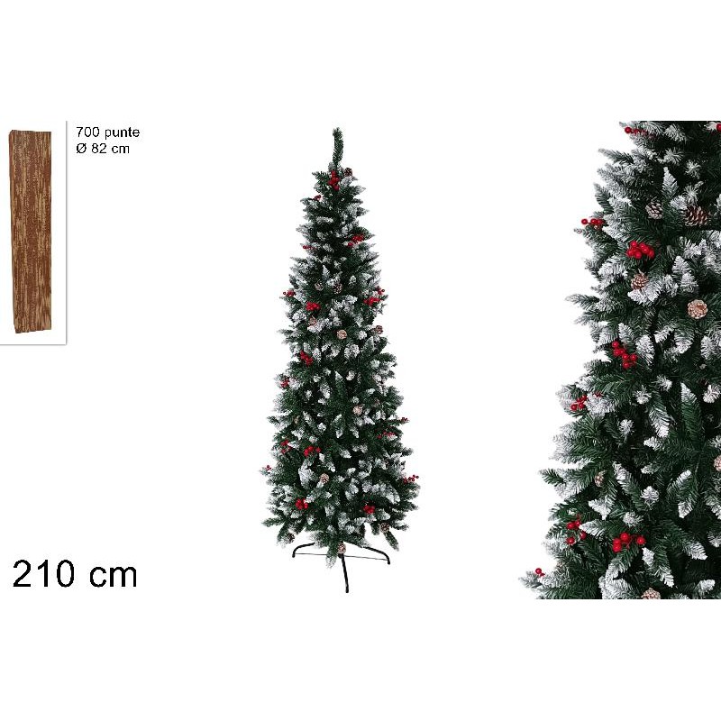 Albero Slim 210 cm 700 punte innevato con pigne e bacche