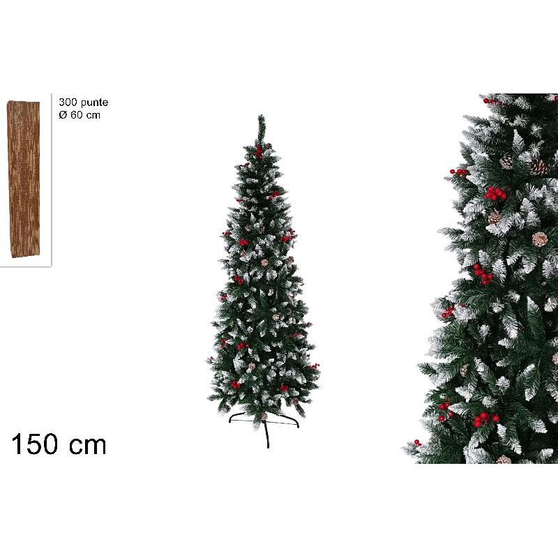 Albero Slim 150 cm punte innevate con pigne