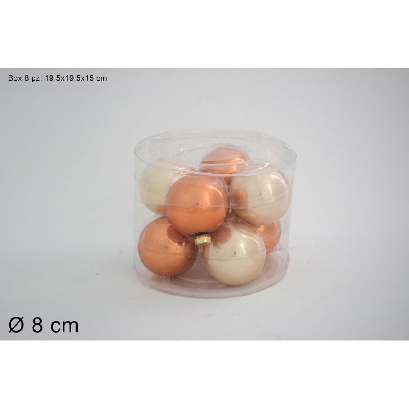 Set 8 palle vetro 8 cm perla/rame