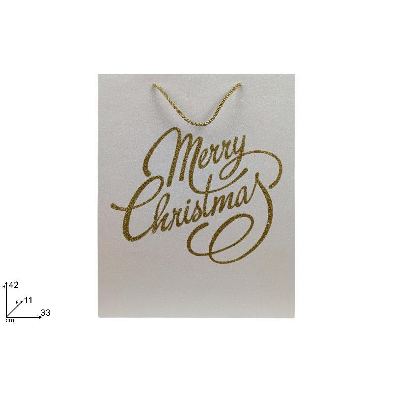 Busta Regalo MERRY CHRISTMAS Bianca Glitterata Oro 42x33x11 cm