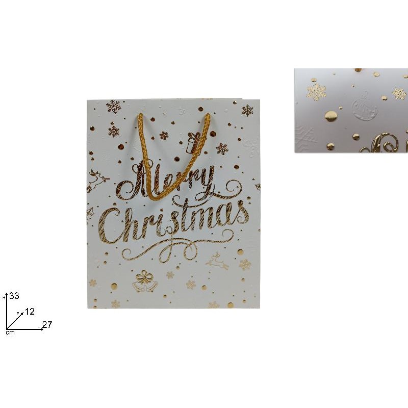 Busta Regalo MERRY CHRISTMAS Bianca Glitterata Oro 33x27x12 cm