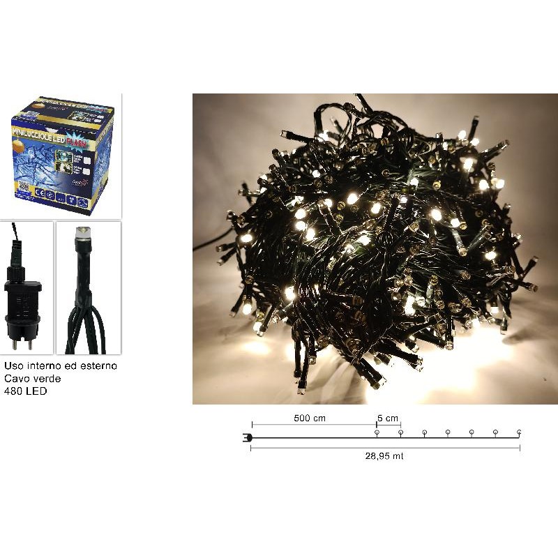 Minilucciole 480 LED Flash Bianco Caldo, cavo verde