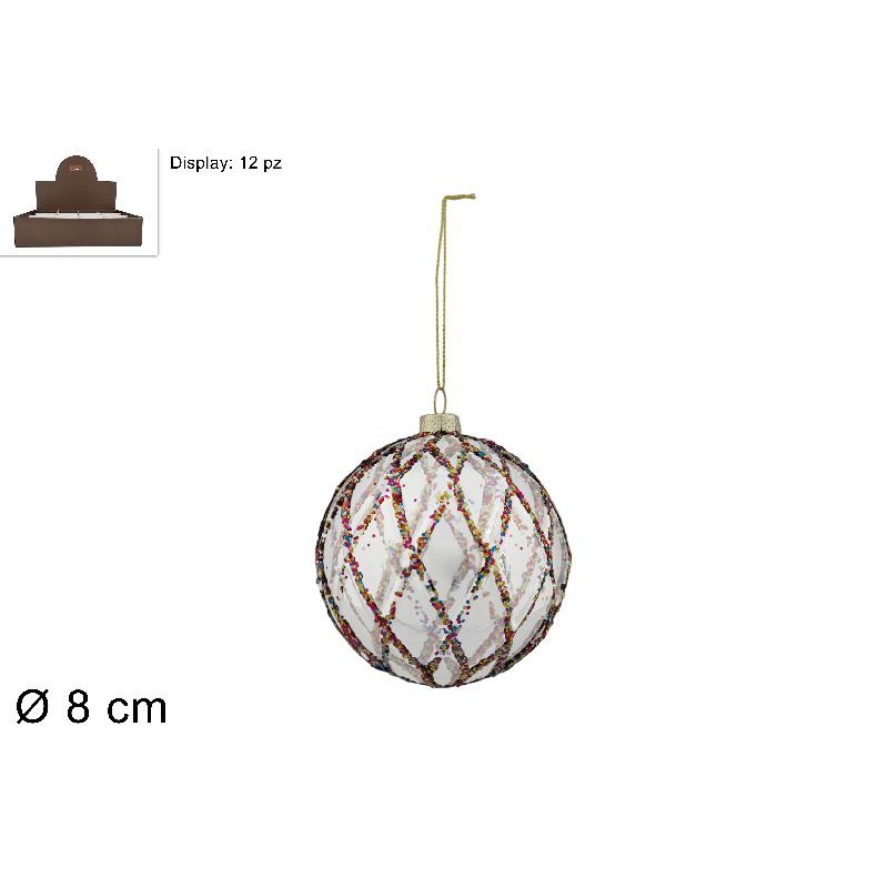 Palla Vetro Ø 8 cm Trasparente Rombi Glitterati Multicolor