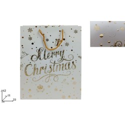 Busta Regalo Bianca Scritta MERRY CHRISTMAS Glitterata Oro 42x33x11 cm