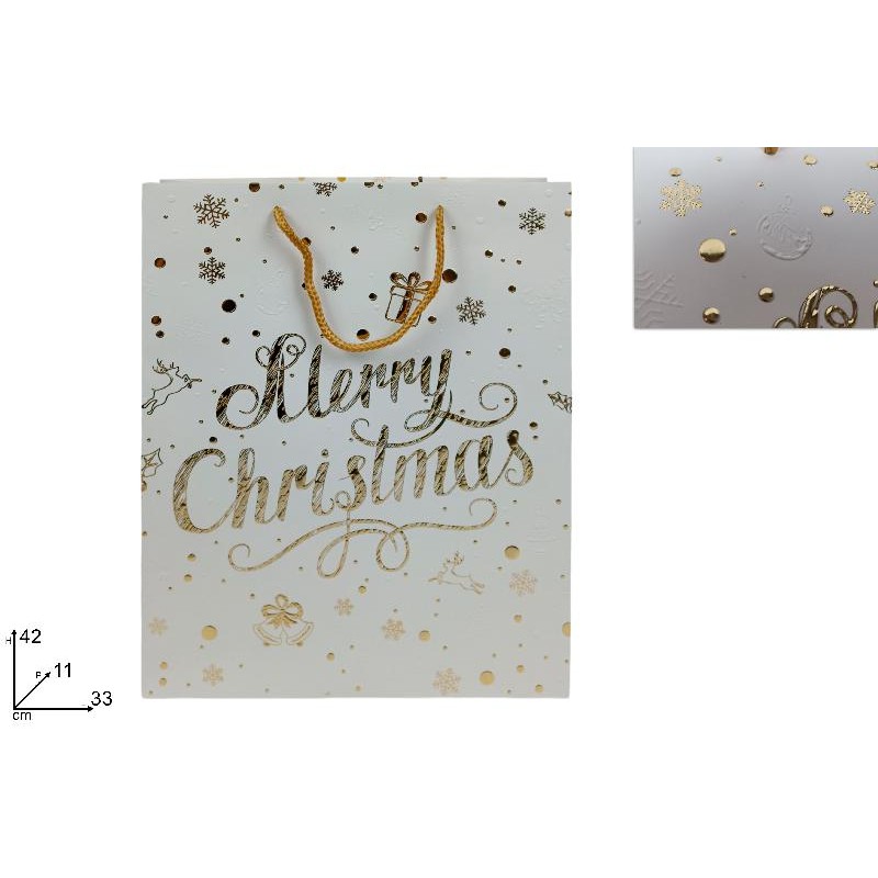 Busta Regalo Bianca Scritta MERRY CHRISTMAS Glitterata Oro 42x33x11 cm