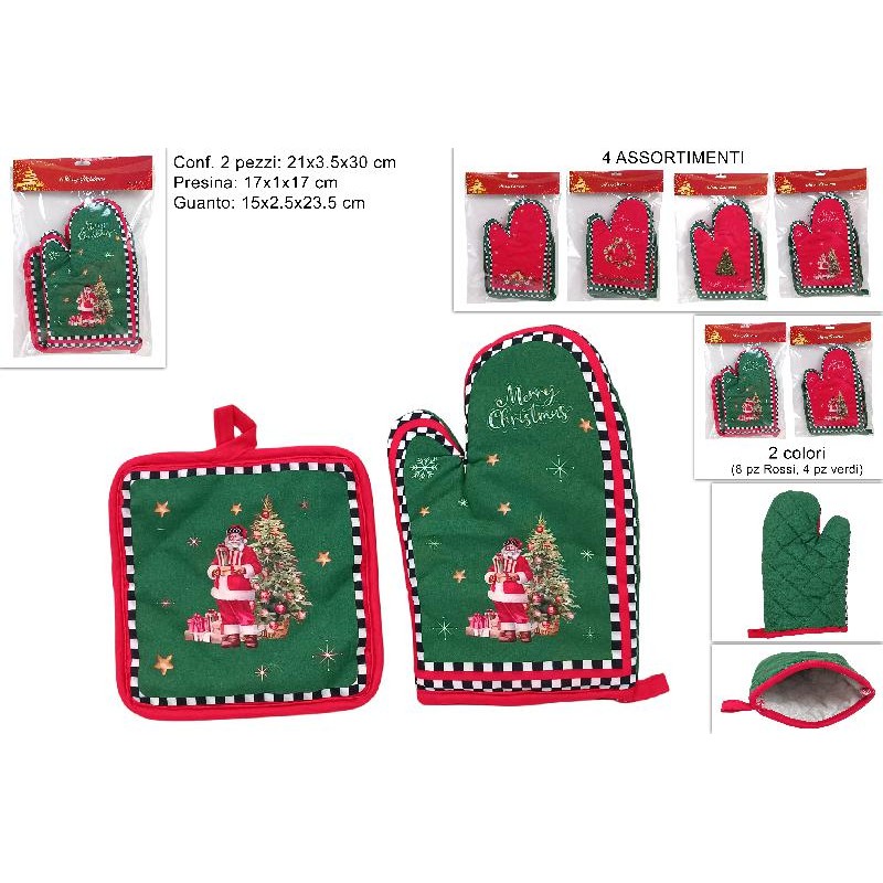 Guanto e Presina Rosso-Verde con decori, modelli assortiti