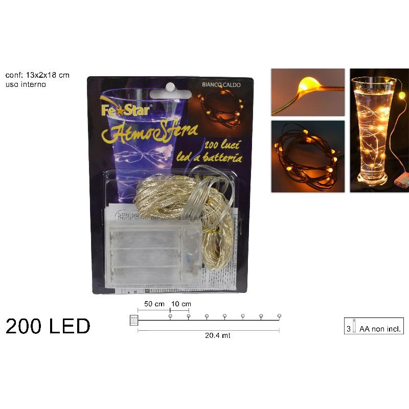 Filo 200 Micro LED a Batteria Bianco Caldo (uso interno)