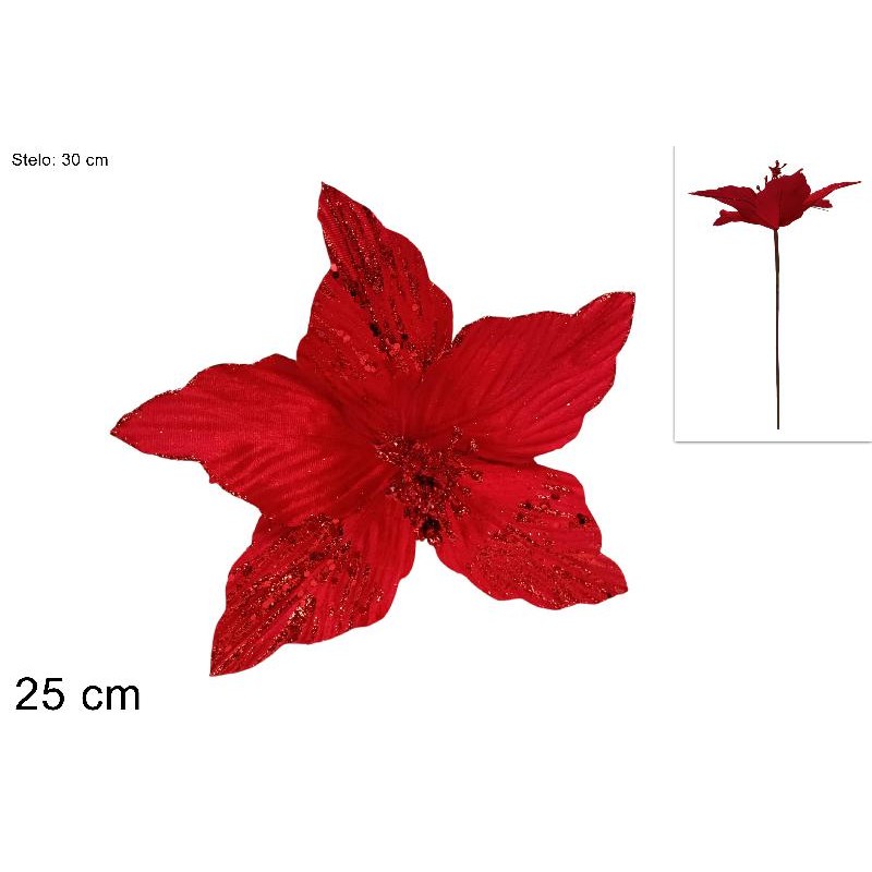 Stelo Fiore Velluto Glitter 25 cm Rosso