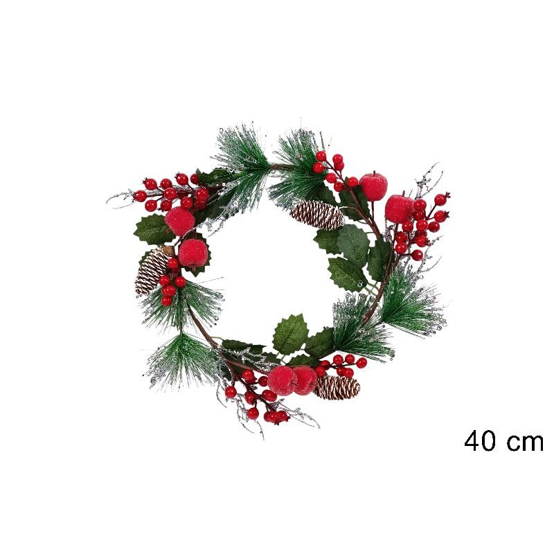 Dietroporta 40 cm con Bacche, Pigne e Mele innevate