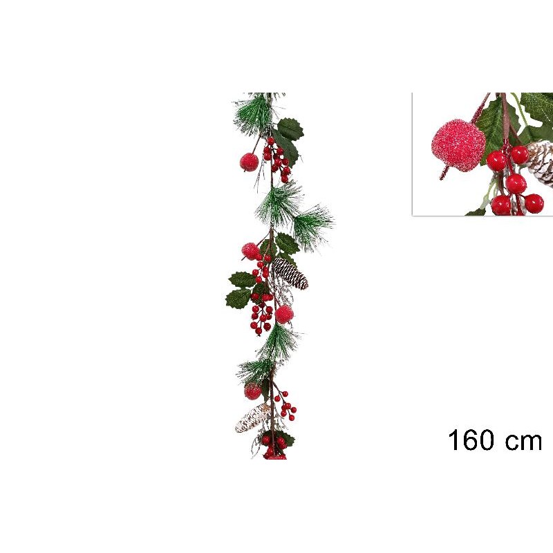 Ghirlanda 160 cm con Bacche, Pigne e Mele innevate